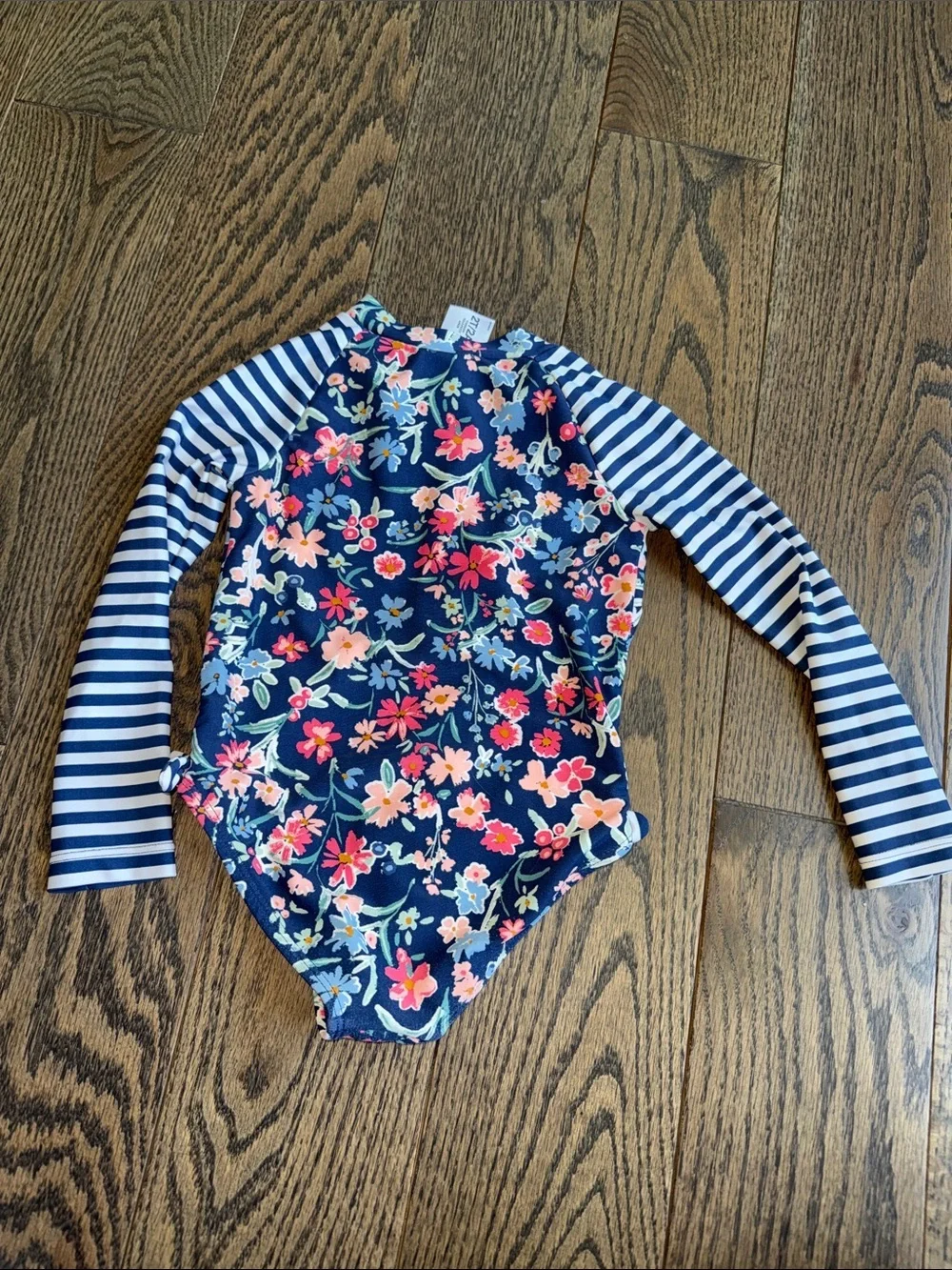 OshKosh B'gosh Navy Floral Long-Sleeve One-Piece Swimsuit with Striped Sleeves 2